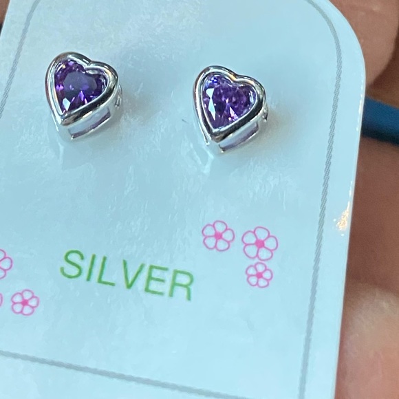 Silver Birth Month 4mm Purple Heart Earrings - Picture 3 of 9